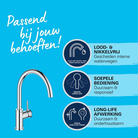 Zilverkleurige keukenkraan met gebogen uitloop. Icons: Lood- & nikkelvrij, Soepele bediening, Long-Life afwerking.