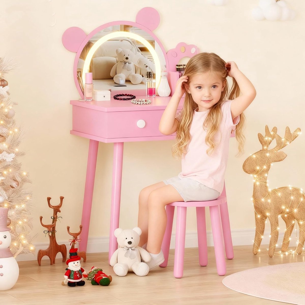 Kinder Kaptafel met Licht – Roze Houten Kaptafel met Beren‑Spiegel, Laden & Bloemenkrukje, Prinsessen Make‑up Tafel voor Meisjes