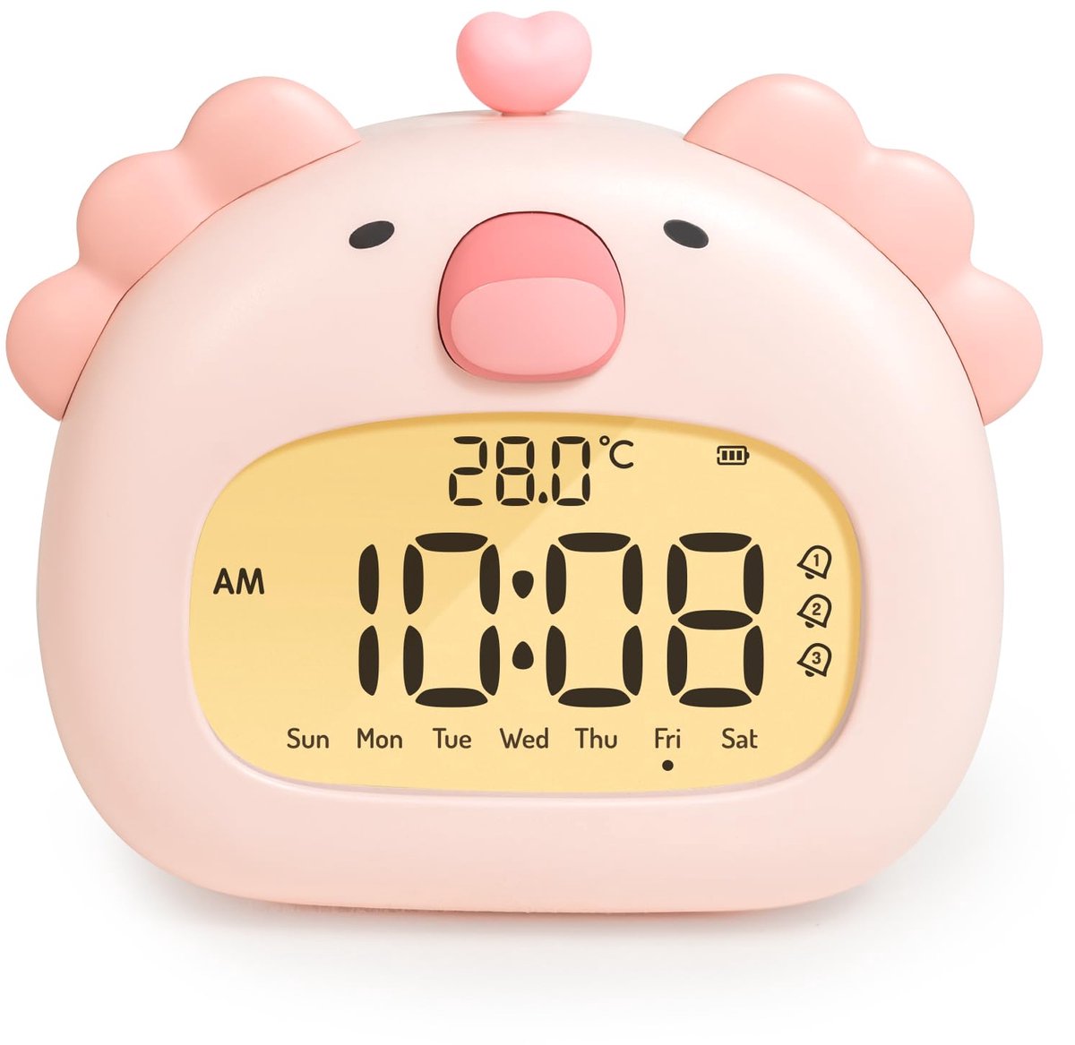 Ynkkvre - Wekker in axolotlstijl met nachtlampje - 8 cm LED digitaal display, drie alarmen en datumweergave - 1 stuk - Kinderkamerdecoratie, roze