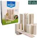 Kartonnen verpakking van het Kubb spel, met de tekst 'OUTDOOR PLAY' en 'KUBB', plus de spelonderdelen.