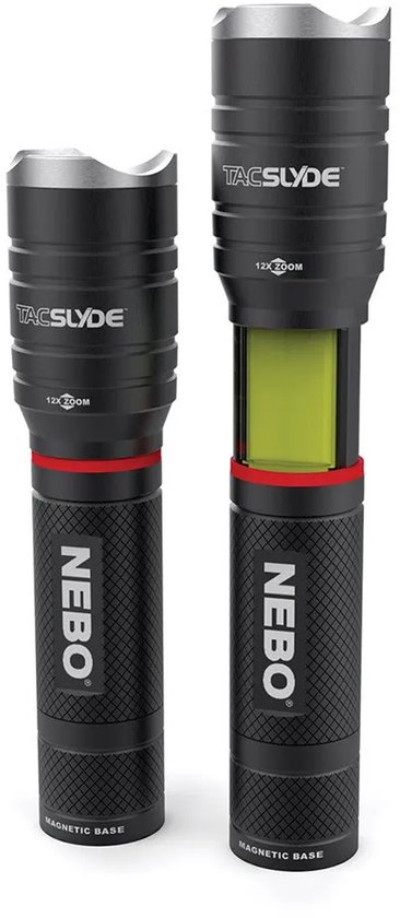 Twee grijze Nebo Tac Slyde zaklampen, een groter en een kleiner model, met rode ringen.