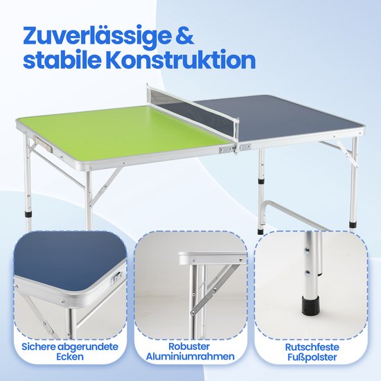 Pingpongtafel met aluminium frame, ronde hoeken, antislip voetjes. Blauwe en groene speelhelften.