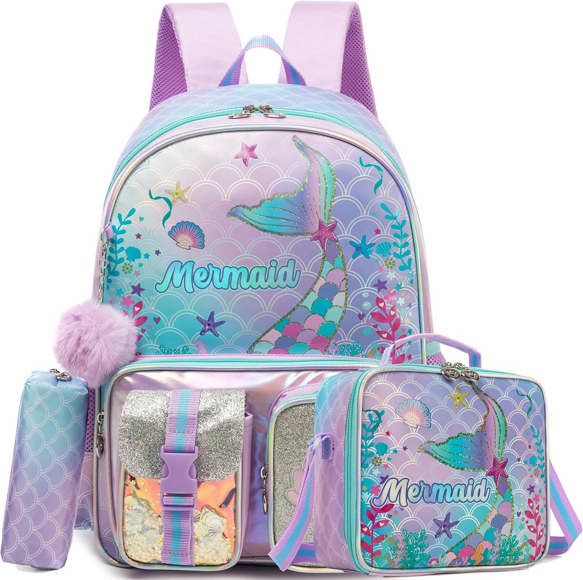 3-delige Meisjes Schooltas Set met Rugzak, Lunchtas en Etui - Zeemeermin Thema Bloemig Paars