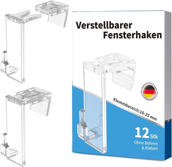 Set van 12 verstelbare vensterhaken - transparante hangers met klembereik - 10-25 mm - voor kerstdecoratie en feestverlichting zonder boren of lijmen
