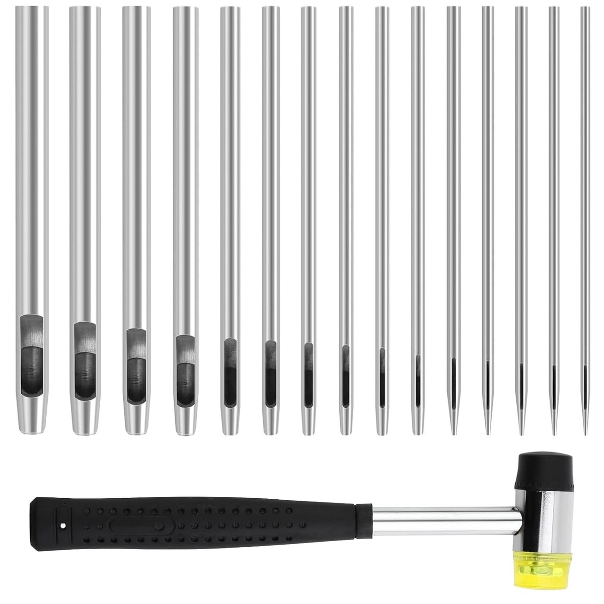 15 Pcs Hole Iron Set - Leer - 0.5mm tot 6mm - Ronde Stalen Holle Pons Set met 1 Rubber Hamer - Geschikt voor Lederen Horlogeband - Afsluiting - Band - Stof (15 Maten)