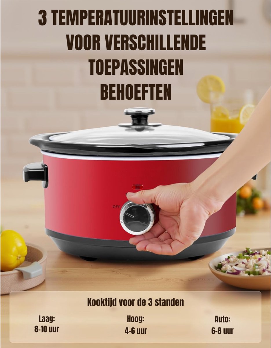 Aurixi® Slowcooker met timer - Slowcooker - Crockpot - Rood- 24cm x 31cm x 18cm – foto 5