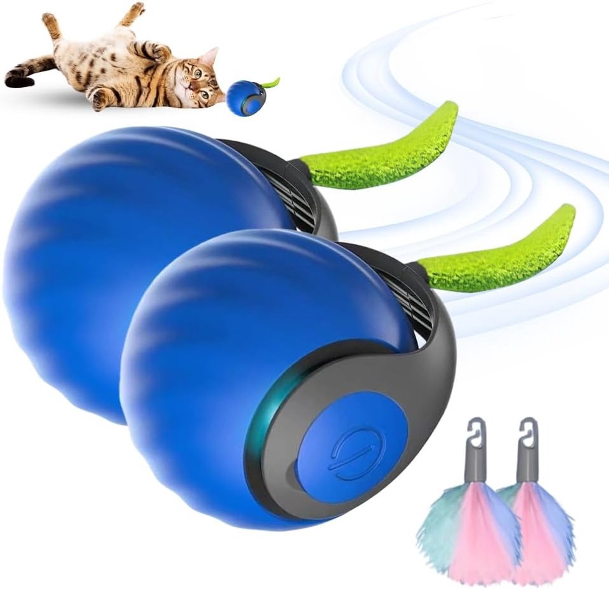 2 stuks interactieve kattenspeelbal met pluche staart, hondenspeelgoed, kattenspeelgoed, slim kattenspeelgoed, intelligente mobiele kattenbal voor binnen, automatisch rollende bal voor katten en honden (blauw)