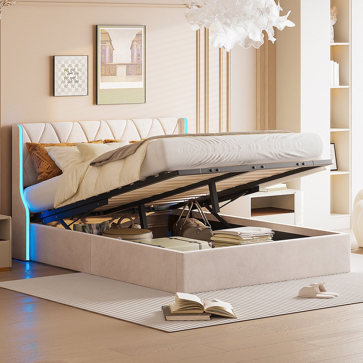Solvenrik 160 × 200 cm Beige Fluwelen Bedframe met Opbergruimte – Wingback Hoofdbord met LED Verlichting – Gestoffeerd Tweepersoonsbed