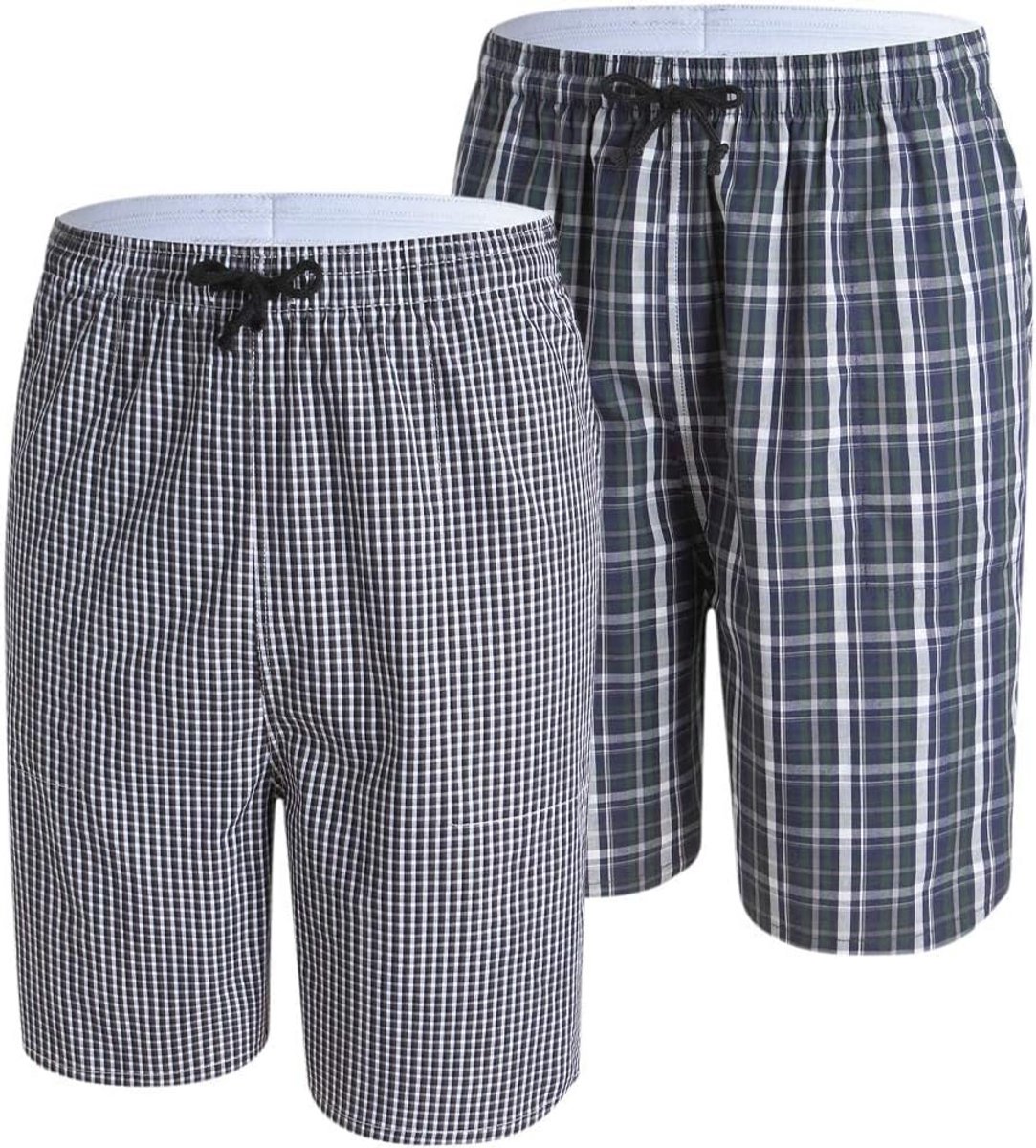 Heren Pyjamabroek Kort Katoen Geruit Loungewear met Trekkoord en Zakken - 2 Stuks