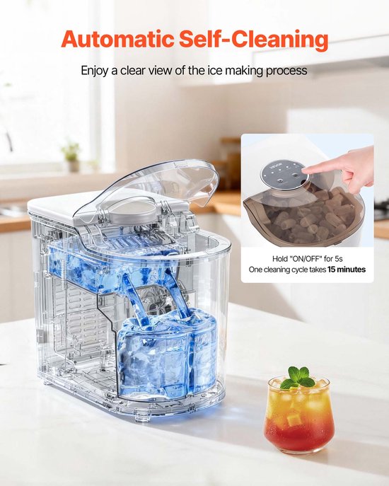 VEVOR Tafelmodel Ijsblokjesmachine, 7 Ijsblokjes in 6 Minuten, 11,8 KG Per Dag, Zelfreinigende Machine met Ijsschep, Ijsblokjesmachine met 2 Formaten Ijs voor Thuis, Keuken, Kantoor, Bar, Feest — afbeelding 3