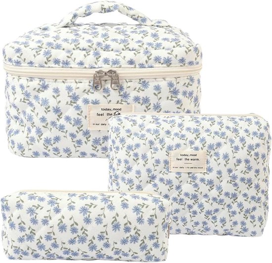 Make-up tas set - gewatteerde tas - grote make-up tas voor dames met bloemenprint - make-up tas met bloemenpatroon - schattige katoenen make-up tas - toilettas - reisformaat organizer voor cosmetica en toiletartikelen