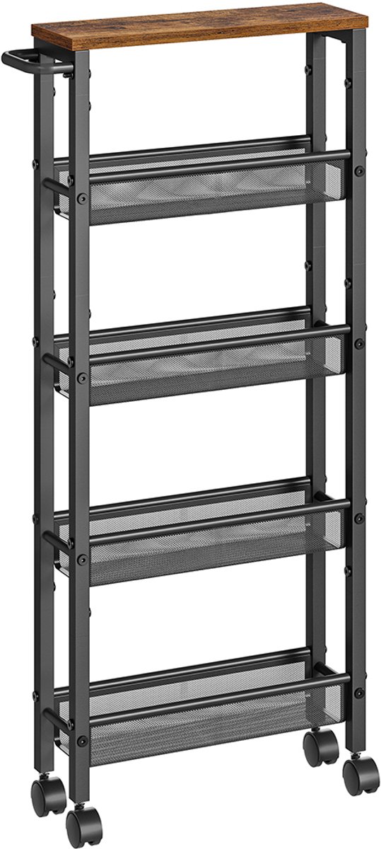 5-laags rolwagen – Metalen frame – Rustiek bruin en zwart – Slank ontwerp met handgreep