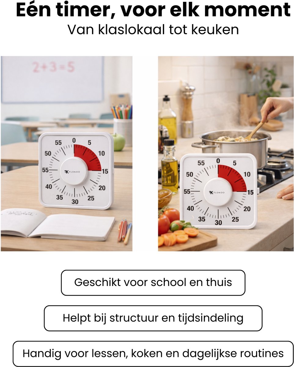 Leerklok Wit - 19cm x19 cm - Aftelklok - Kookwekker Analoog - Leer Klok kijken — afbeelding 4