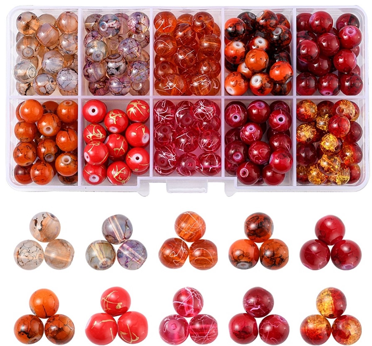 Petra's Sieradenwereld - Kralendoos rood/oranje verschillende kralen 8 mm (172)