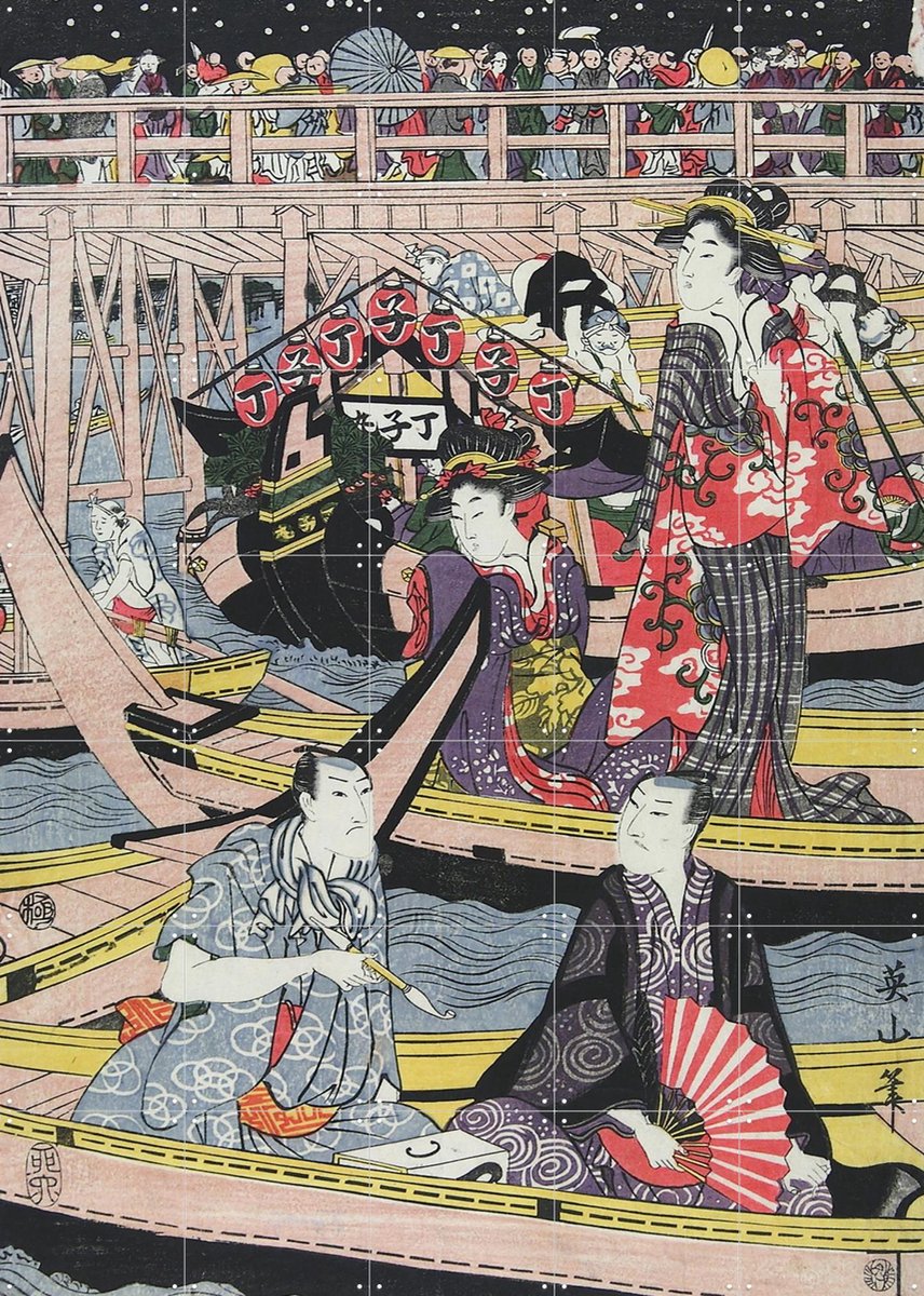IXXI People enjoying Fireworks at Ryogoku Bridge, Kikuwa Eizan & Victoria and Albert Museum - 100 x 140 cm - Gratis ophangtool - Grote wanddecoratie