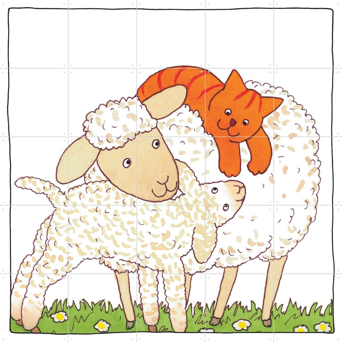 IXXI Dikkie Dik tussen de Schapen, Dikkie Dik - 100 x 100 cm - Gratis ophangtool - Grote wanddecoratie en posters - Illustraties, Speels, Cartoonesk