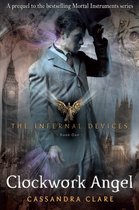 Een man in een grijs pak met hoed, met de tekst 'Clockwork Angel' en 'The Infernal Devices'.