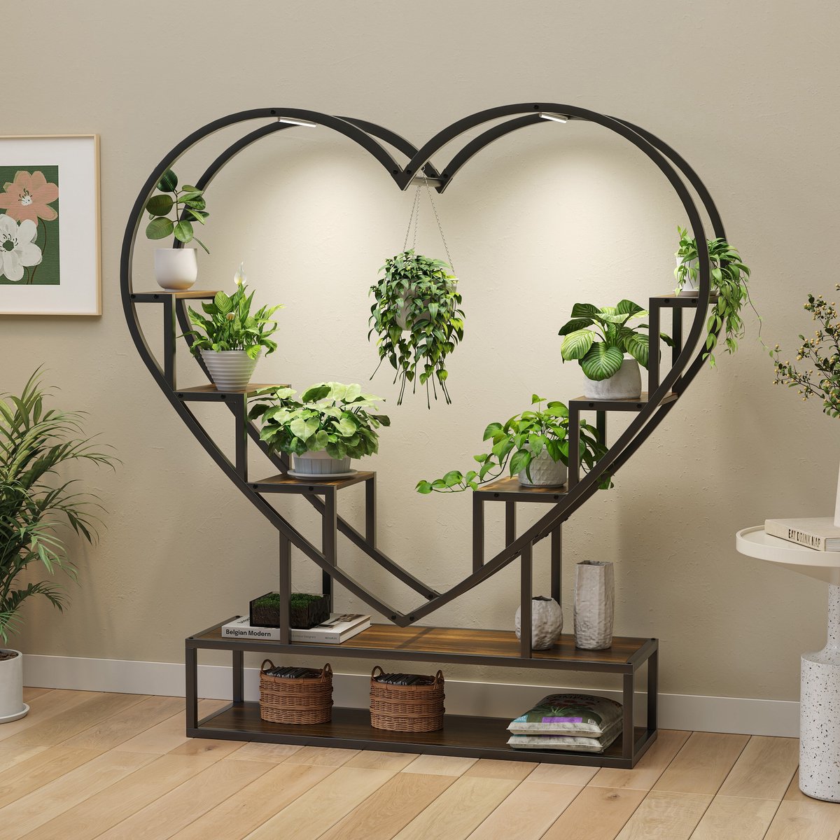 Plantenstandaard met groeilamp, 100x26x138cm, 6 niveaus, metalen en houten plantenrek, bloemenstandaard voor binnen en buiten, decoratief zwart frame en opbergplank, bloemenrek voor binnen, buiten, tuin en balkon