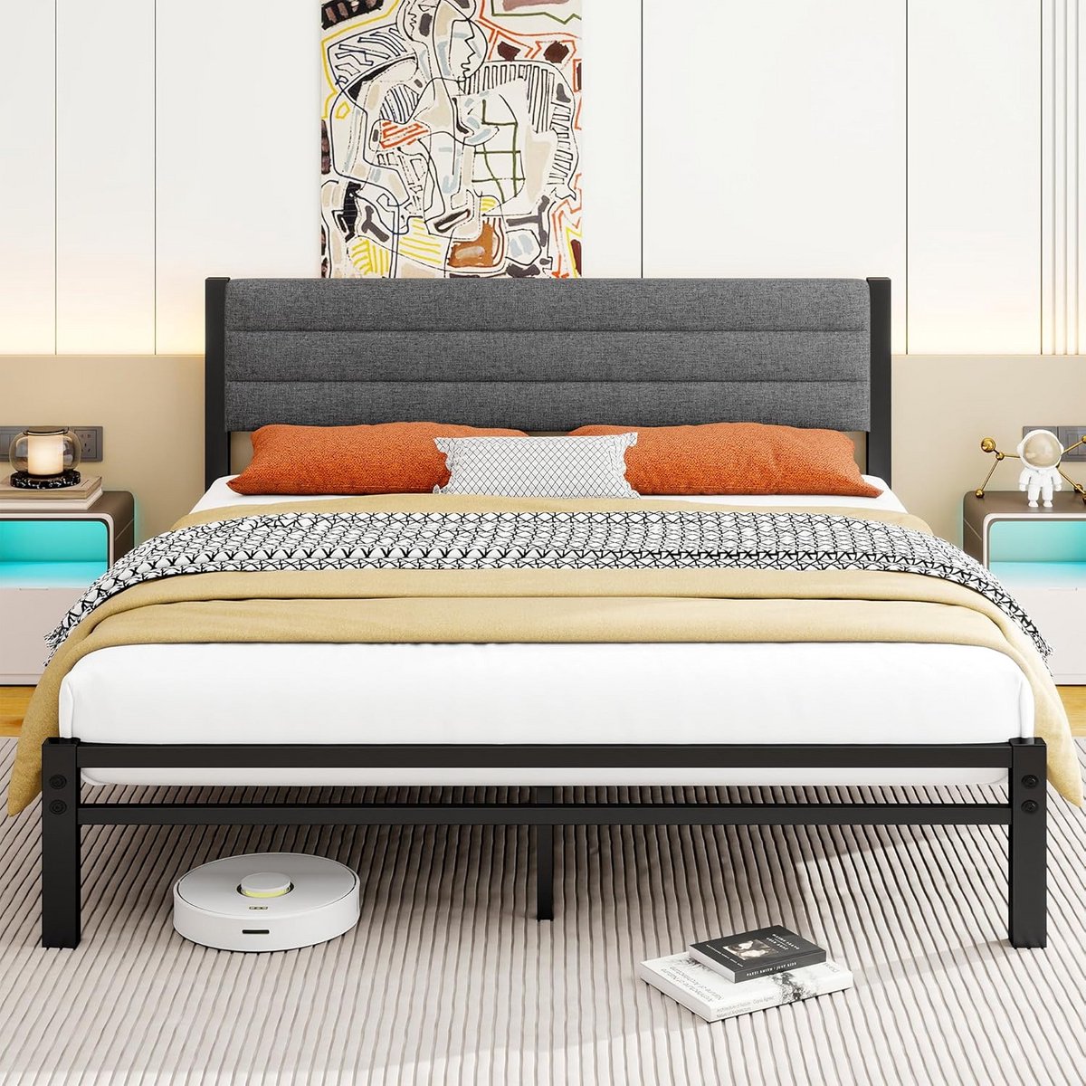 Kingsize Gestoffeerd Bedframe met Metalen Lattenondersteuning en Opbergruimte