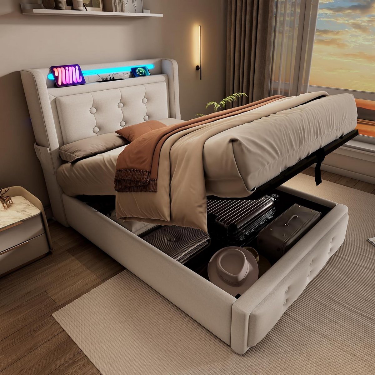 Eenpersoonsbed 90x200 cm met LED Verlichting en USB-C Oplaadpunt - Gestoffeerd Bedframe met Hoofdeinde en Opbergruimte