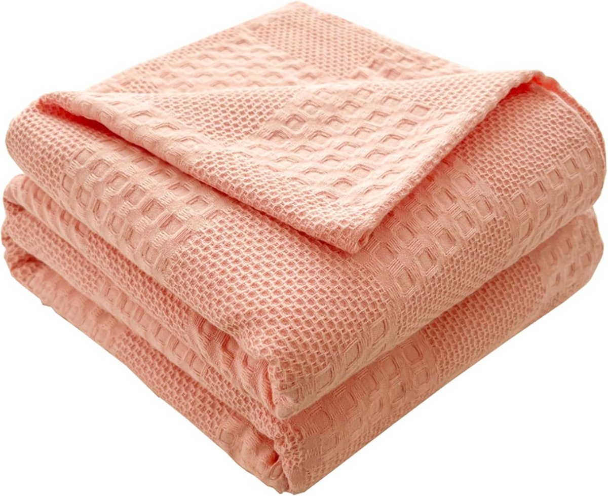 Lichte Woondeken Katoen Roze Wafelstructuur - Zachte Zomer- en Bankplaid 200x230 cm