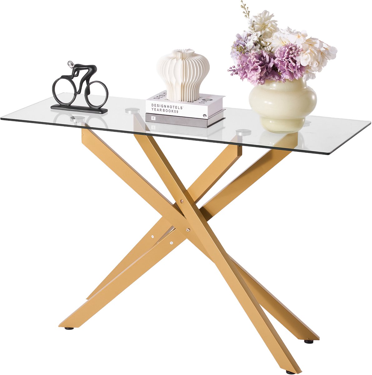Vevor Salontafel Rechthoekige Bijzettafel met Glazen Blad Consoletafel Goudkleurig