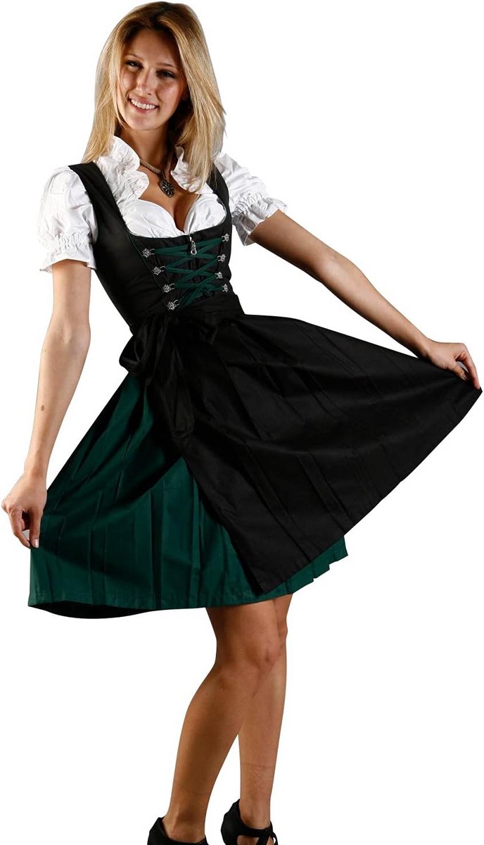 Nostalgisch Mini Dirndl Groen Zwart 3-delig met Blouse en Schort