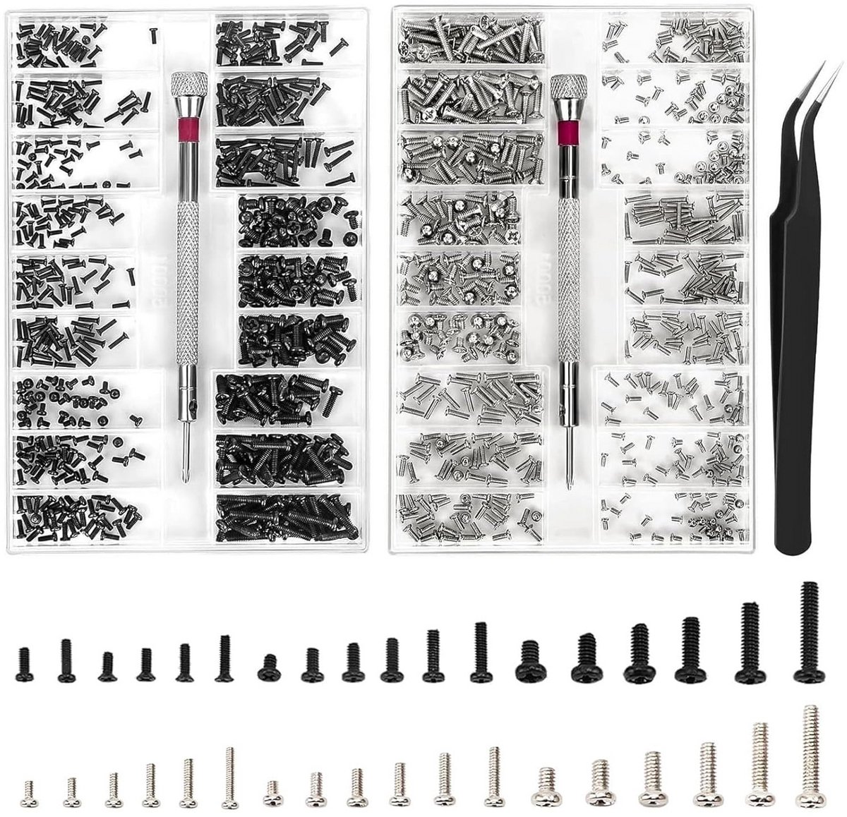 Mini Schroeven Set met Schroevendraaier en Pincet voor Brillen en Elektronica, 1000 Stuks