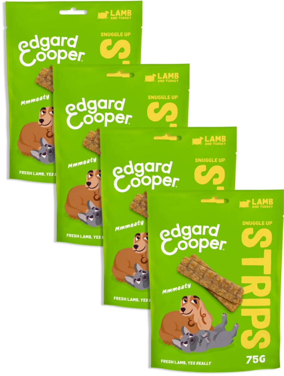 Edgard & Cooper Natural Dog Treats - Lam & Kalkoen Snuggle Up Strips - (4 x 75g), Graanvrij, Vers vlees met hoog eiwitgehalte, vol essentiële aminozuren