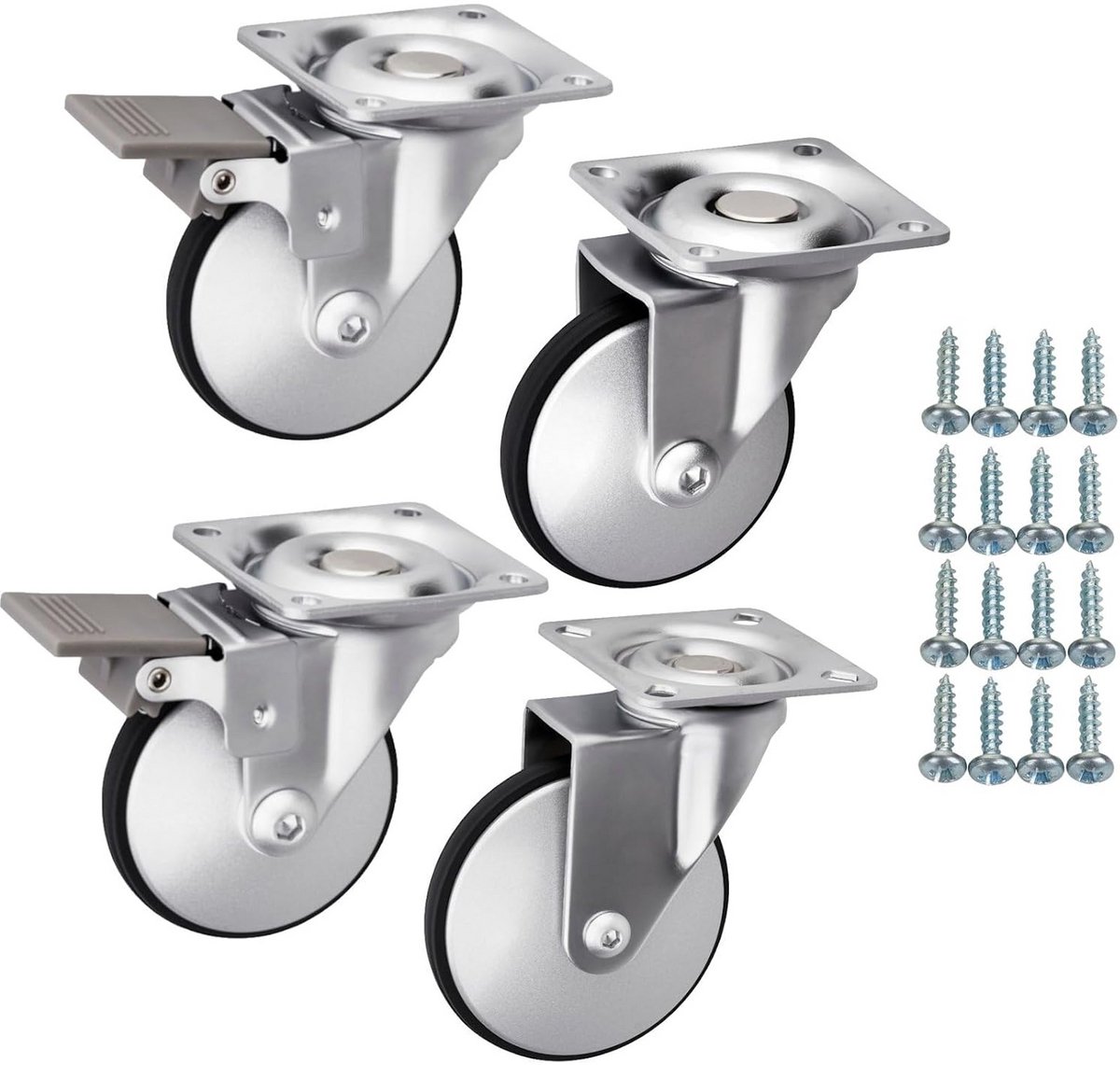Set van 4 Meubelwielen Ø 50 mm met en zonder rem - Stil en vloerbesparend
