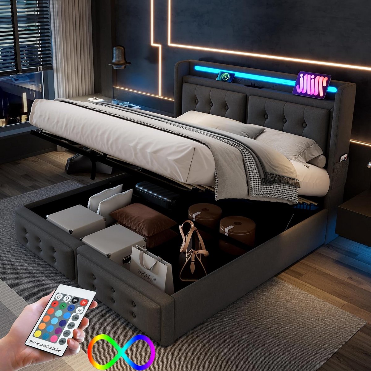 Gestoffeerd Tweepersoonsbed 140x200 met LED Verlichting en USB C Laadfunctie