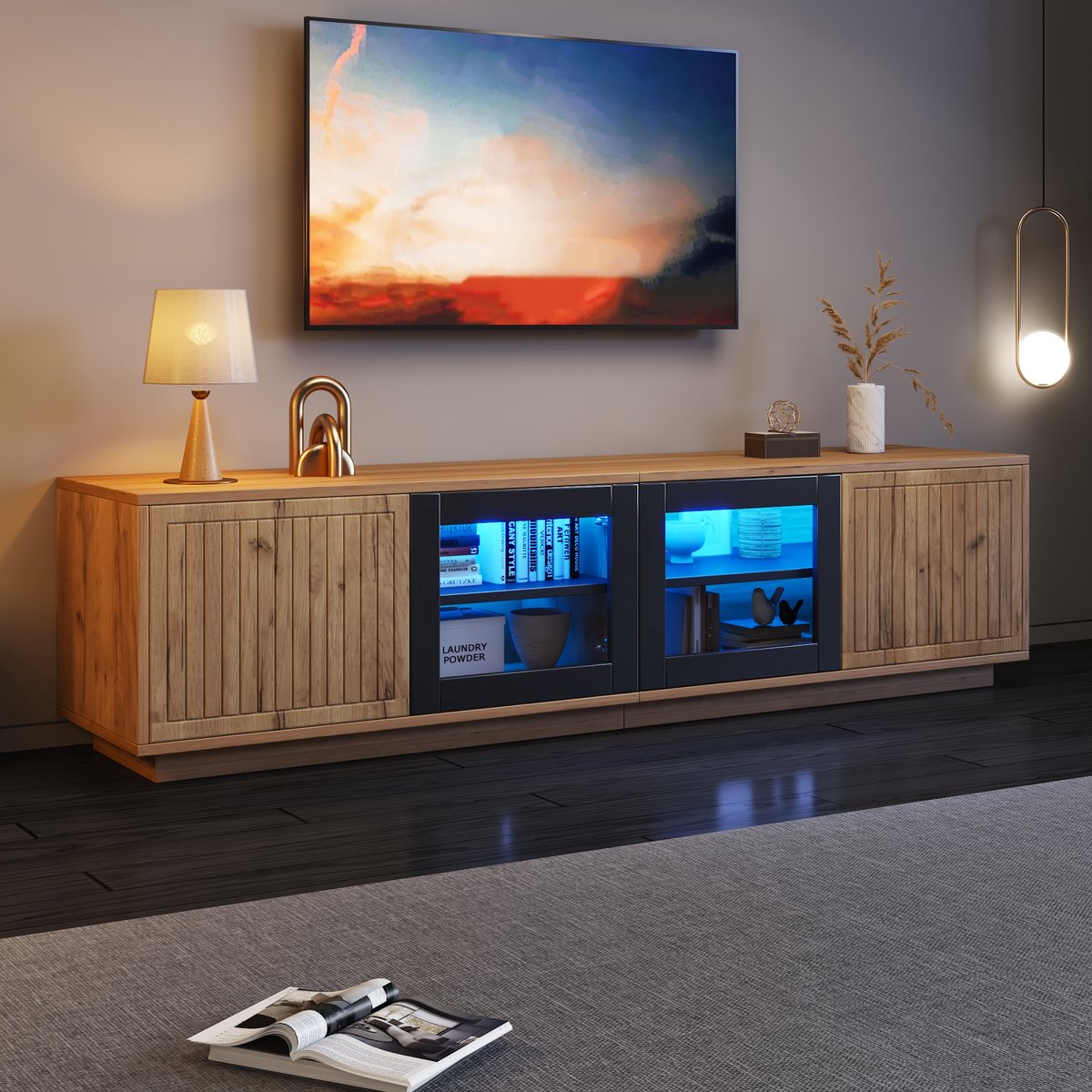 MIVRAY Tv Meubel - 180 Cm Met Glasdeuren En Led Verlichting - Voor Woonkamer En Grote Televisies - Spaanplaat - Naturel En Zwart