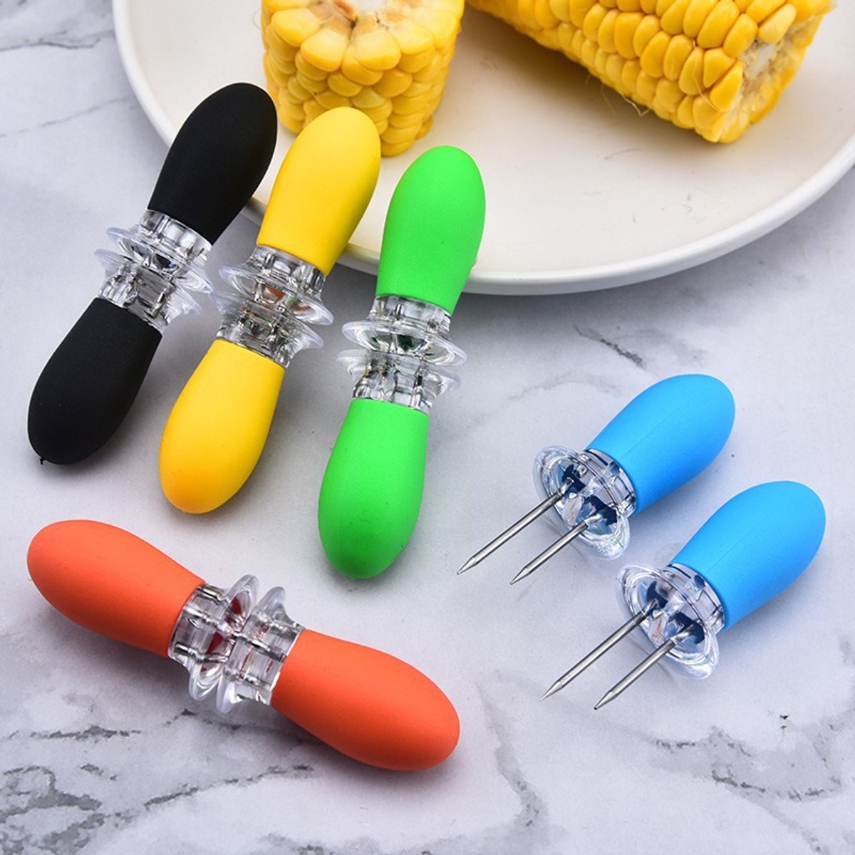10 stuks - 5 paar maïskolfhouders roestvrijstalen maïskolfhouders maïskolfspiesjes voor de barbecue dubbele pin in elkaar grijpend ontwerp maïsspiesjes voor thuis koken en barbecueën-5 kleuren