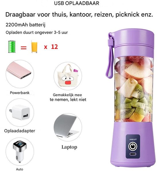 Ynkkvre - Mini-Mixer - Smoothie Maker - Draagbaar Met 6 Klingen En USB-Oplaadbare Batterij - 1 Stuk - Voor Thuis En Onderweg Lila van Ynkkvre — afbeelding 5