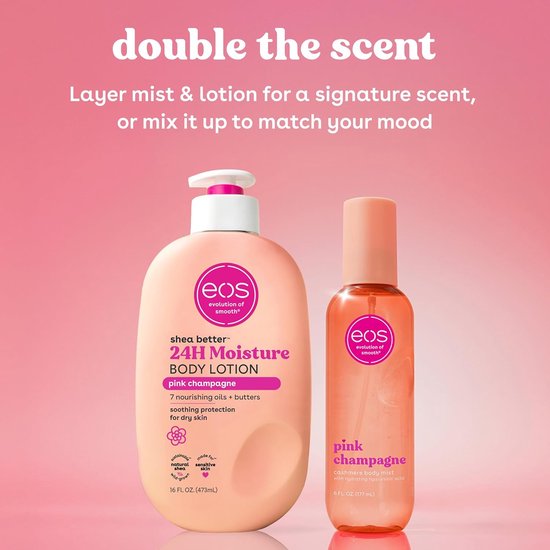 Roze body lotion en body mist van eos. Beide met 'pink champagne' op het etiket.