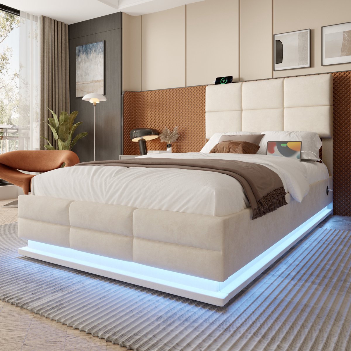 MIVRAY Gestoffeerd Bed 90x200 Cm - Met Usb En Led Verlichting - Verstelbaar Hoofdbord En Opbergruimte - Fluweel - Beige - Zonder Matras