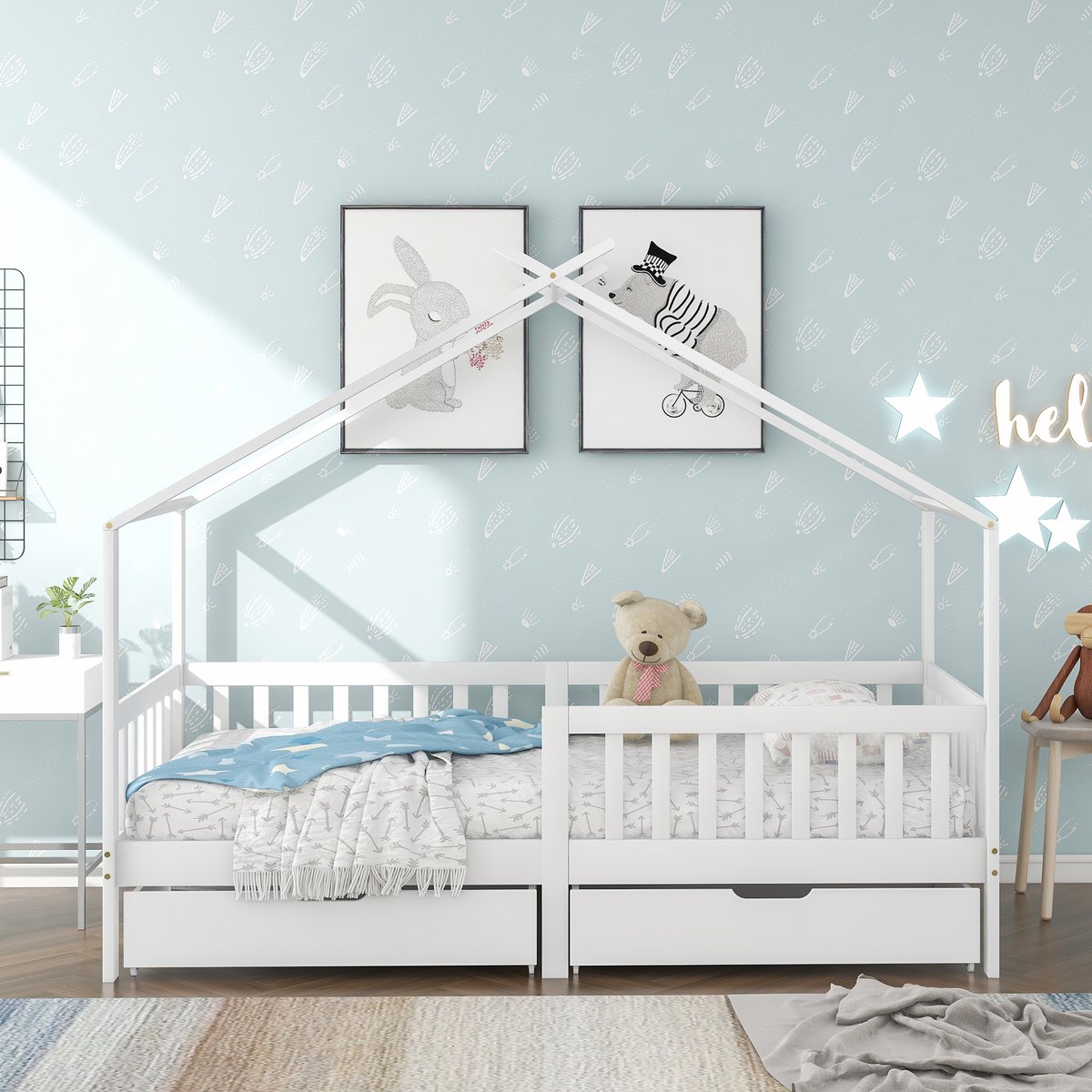 REDOM Kinderbed 90x200 cm van massief hout – Huisvorm met 2 lades en veiligheidshek – Wit