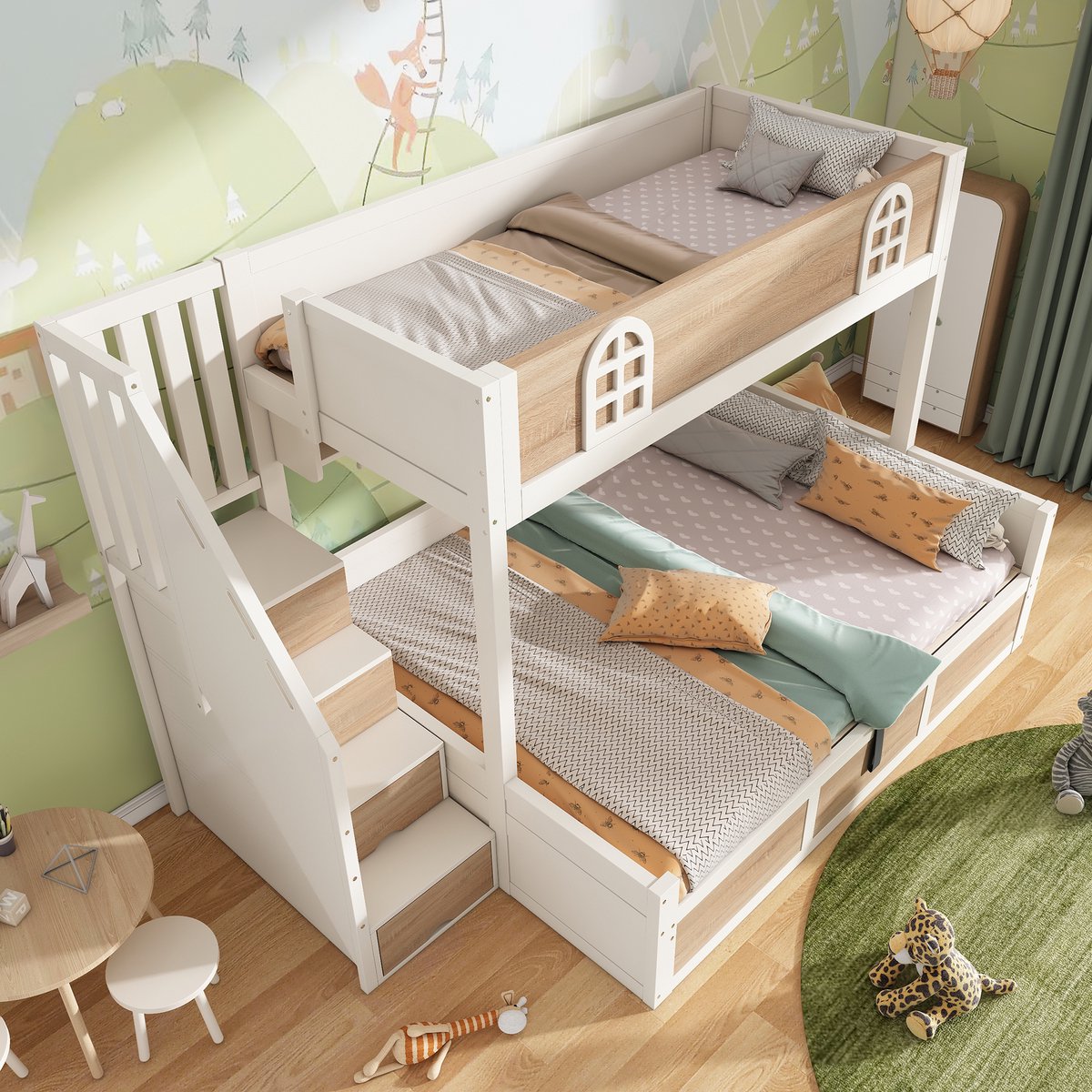Stapelbed 90x200 en 140x200 cm - kinderbed met opbergruimte en trapkast - wit en houtkleurig - zonder matras