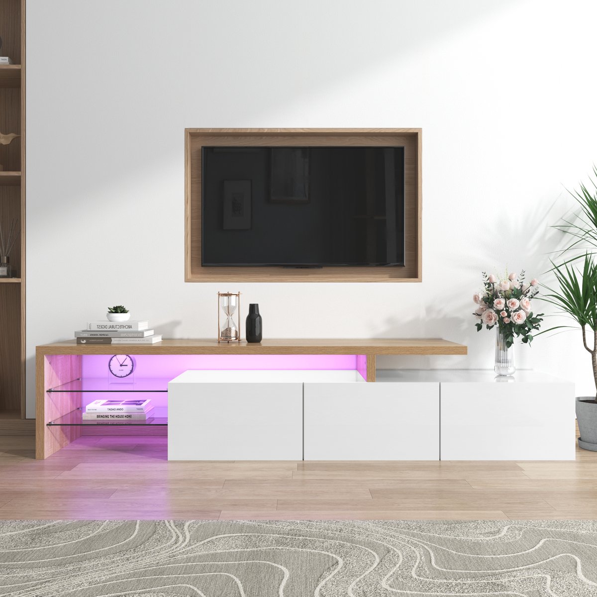 Clruro TV-meubel - Hoogglans en LED - Glazen Planken en Houtoptiek - Elegant Design - Hout en Glas - Wit Natuur + Wit
