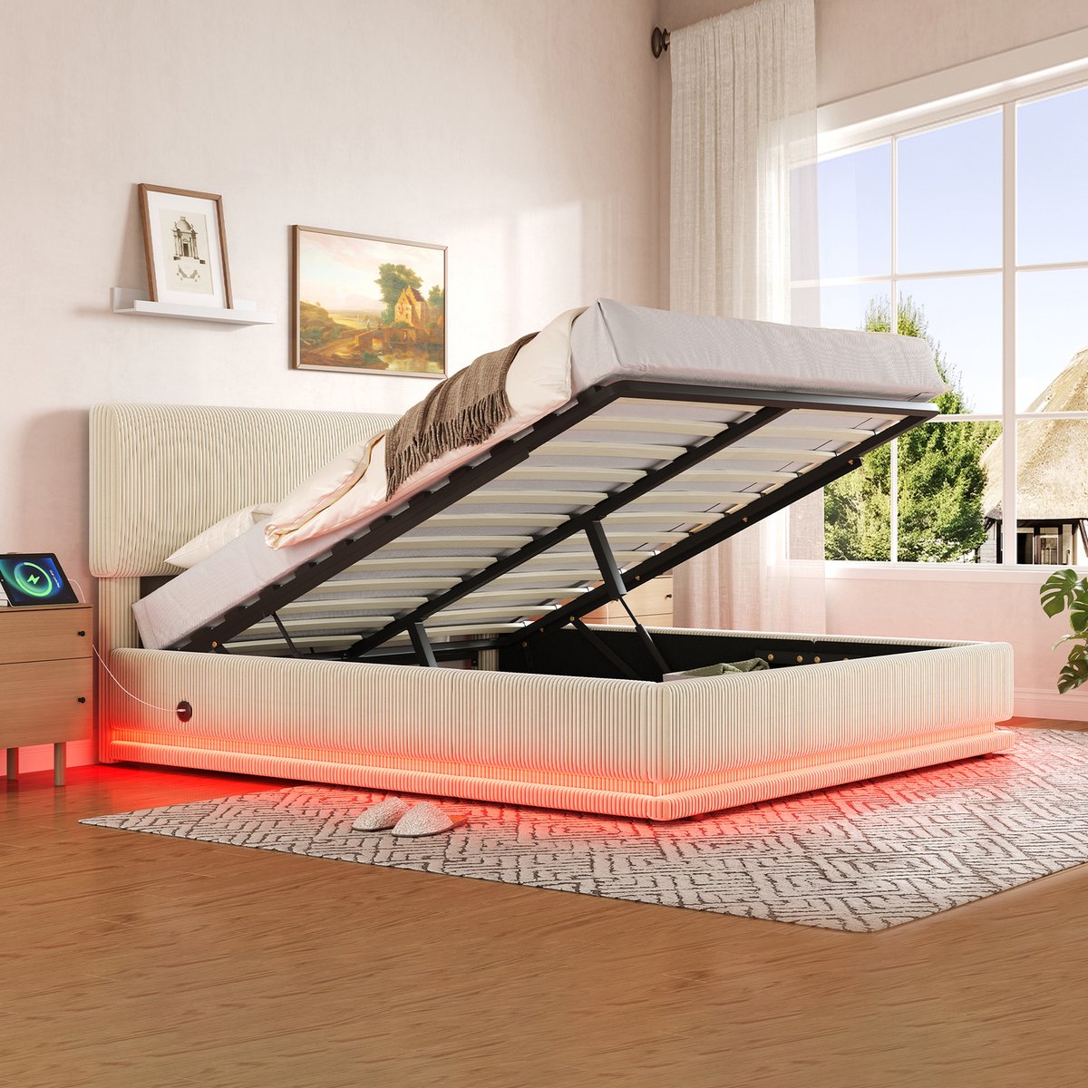 Gestoffeerd Bed - 160x200 cm - Modern met LED - USB-C en Opbergruimte - Ribfluweel - Beige