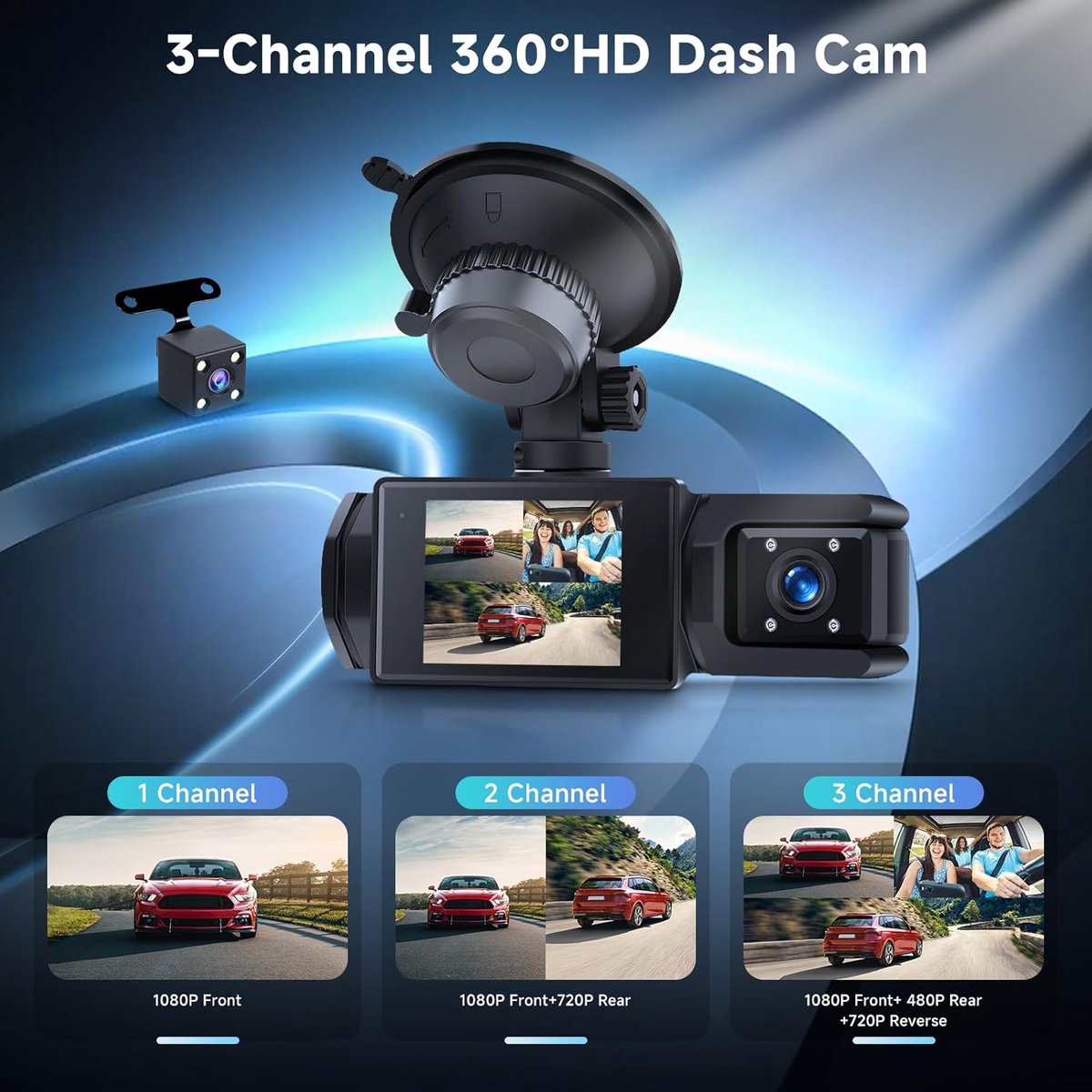 WiFi Dashcam voor Auto – 3-kanaals Draadloze Dashcam met App, Voor Binnenin Achter Camera, Full HD 1080P, 2” IPS-scherm, Nachtzicht, Bewegingsdetectie, Loopopname, 64GB-kaart Inbegrepen – foto 4
