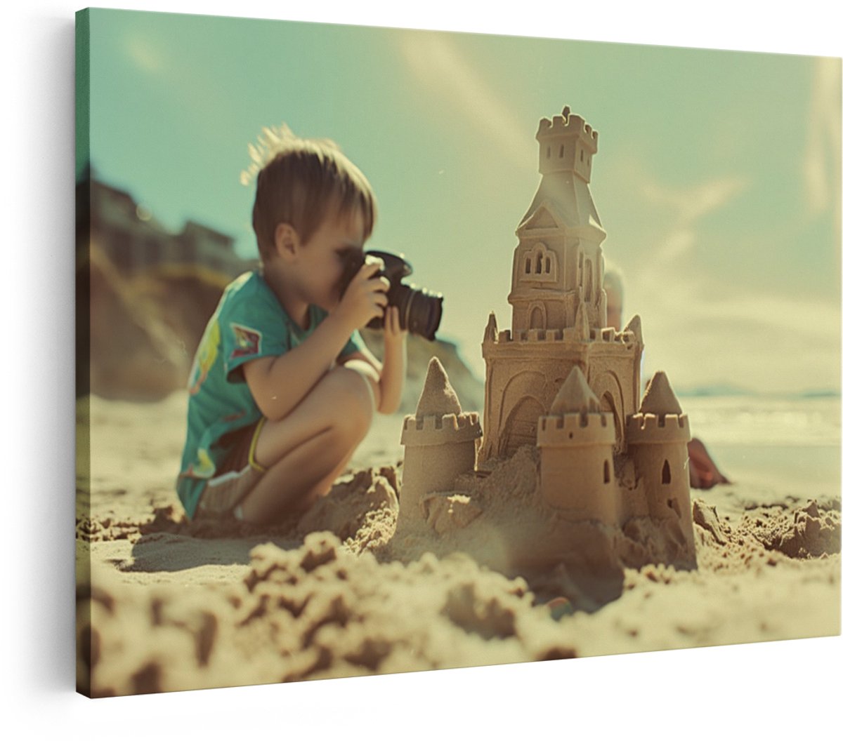 Artaza Canvas Schilderij Zandkasteel - 120x80 cm - Wanddecoratie Strand Zee - Muurdecoratie Jongenskamer - Decoratie Vintage Foto