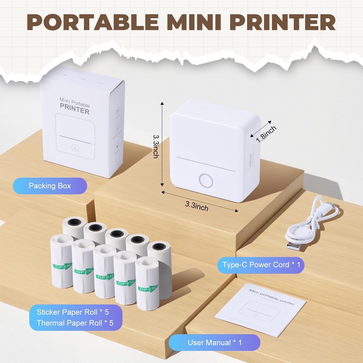 Mini Printer - Mini Bluetooth Thermische Printer - 200DPI & Inktloos - Met 10 Papierrollen - Voor Labels, Lijsten & Foto's - Draagbaar voor Kantoor, School & Thuis thumbnail 7