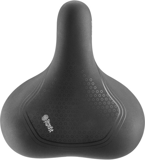 Zwart fietszadel Selle Royal Aurorae met 'Slow Fit' logo, detail van het zitvlak.