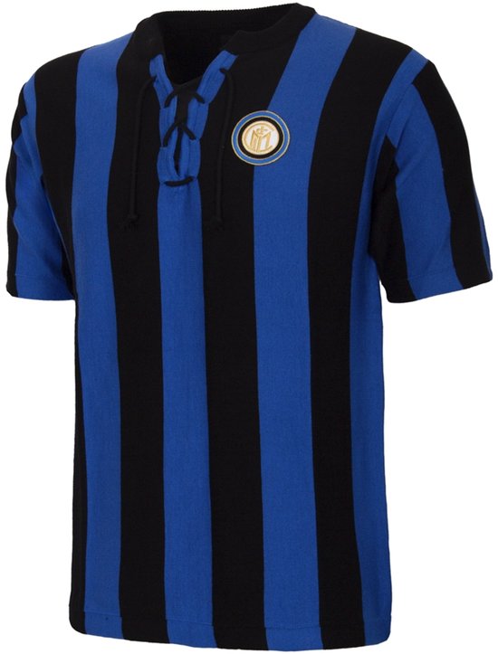 Blauw-zwart gestreept retro voetbalshirt met vetersluiting en geborduurd Inter Milan logo.