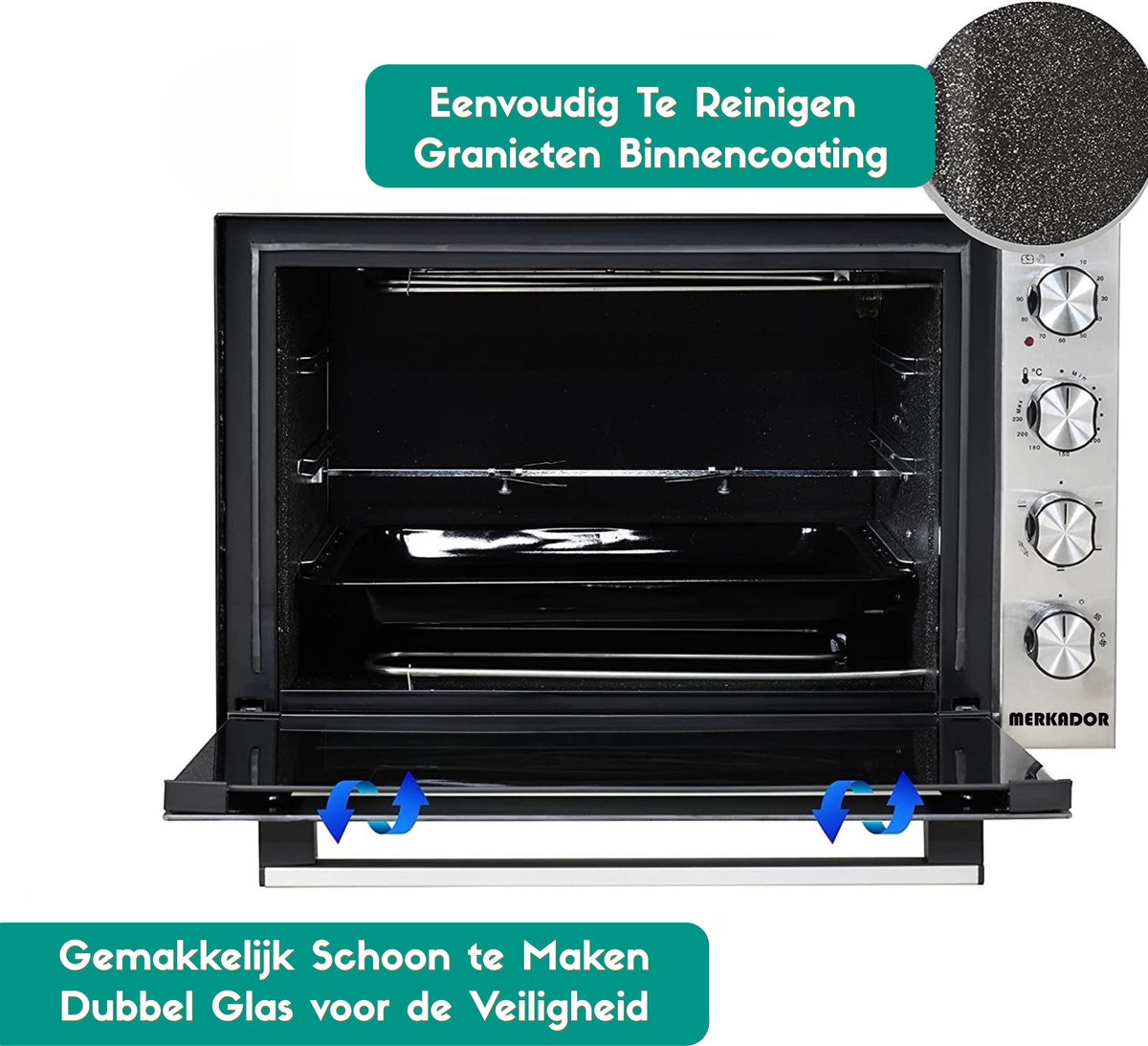 Merkador XXL Vrijstaande Oven - 70 Liter - 2000 Watt - Hetelucht - Draaispit - RVS Afwerking - Gemakkelijk te Reinigen Granieten Binnencoating – foto 3