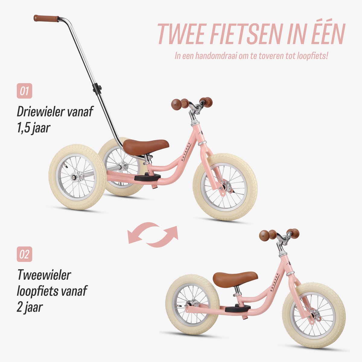 Køvapää Trike - 2 in 1 Loopfiets - 1.5 t/m 4 jaar - Met Naamsticker - 12 inch – Loopfiets - Roze — afbeelding 2