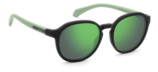 Zwarte bril met ronde, groene spiegelglazen en lichtgroene pootjes. 'Polaroid' logo op linker pootje.