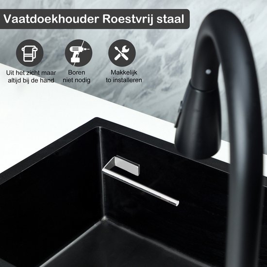 Zilverkleurige vaatdoekhouder met de tekst 'Vaatdoekhouder Roestvrij staal'.