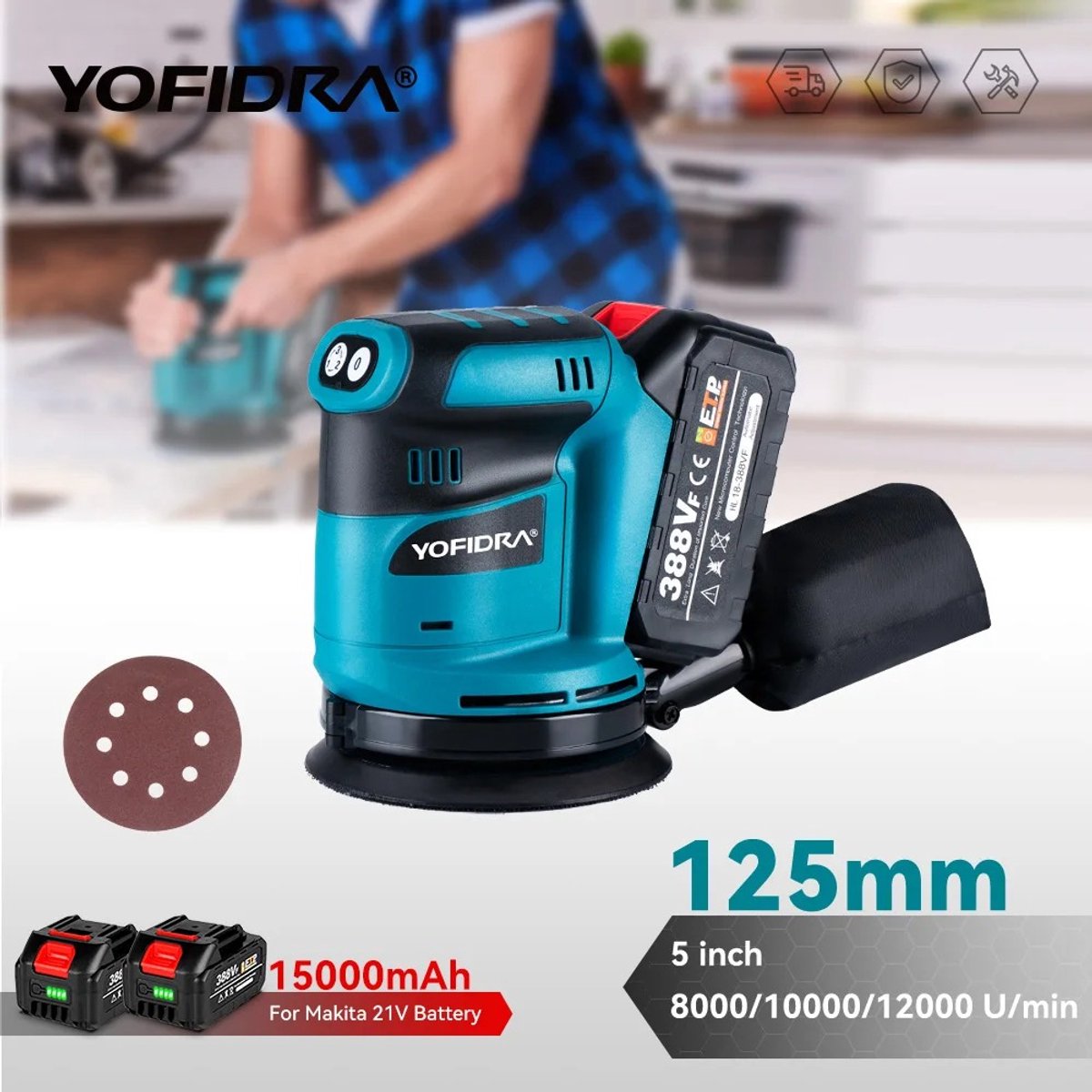 Sensova 125 mm Draadloze Vlakschuurmachine voor Makita Accu met 2 Accu’s, 3 Snelheden 8000–12000 RPM, Schuur- en Polijstmachine voor Houtbewerking en Thuis Doe-Het-Zelf – foto 8